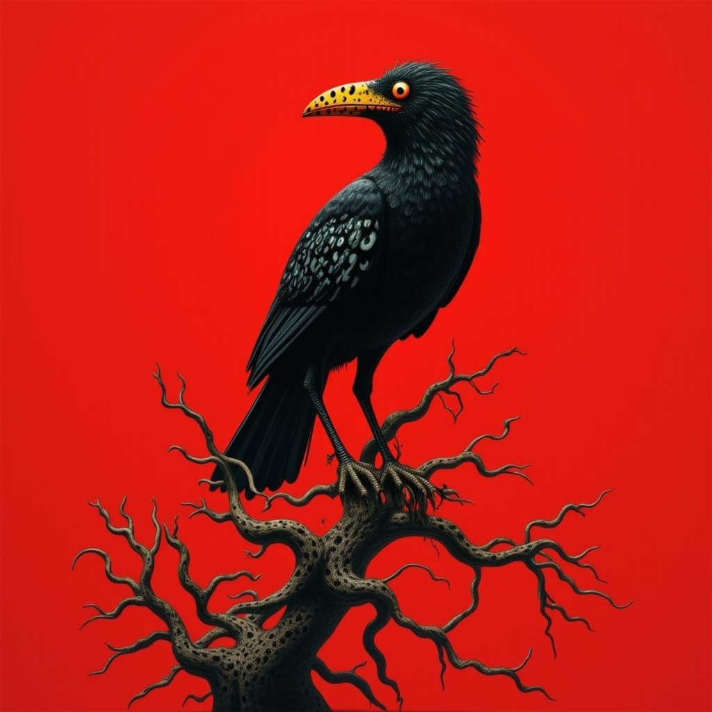 Crow on Dead Tree Against Red Background