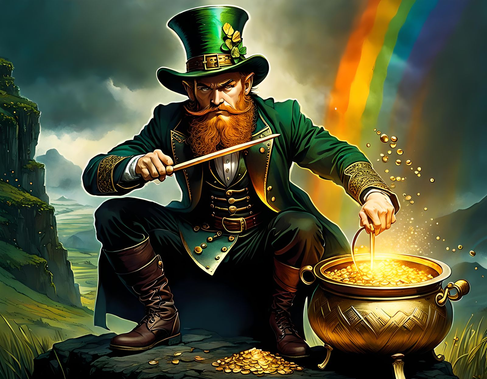 Leprechaun Guards Gold Cauldron Under Rainbow