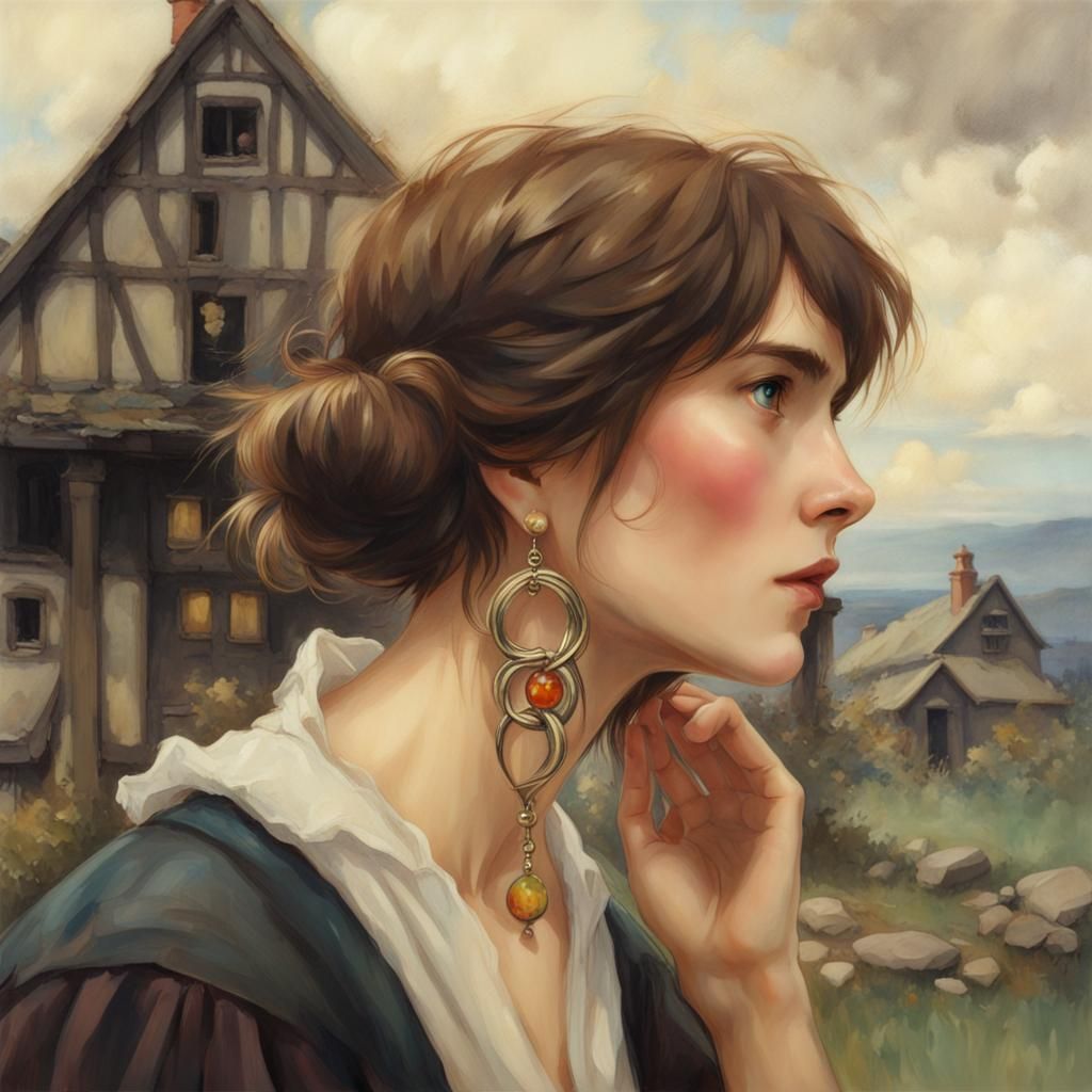 Girl with Earring at Old Mill in Waterhouse Style