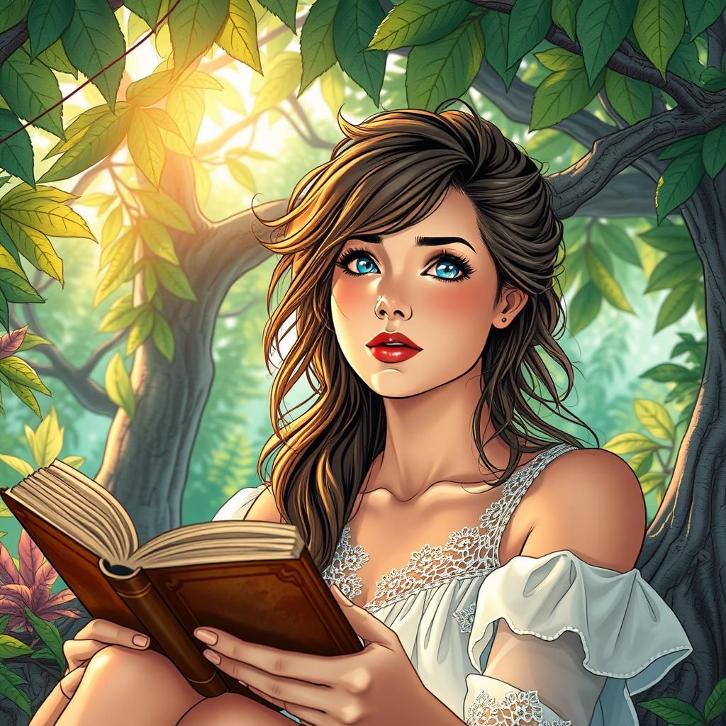 Sun-Kissed Woman Reading in Treehouse, Comic Book Art