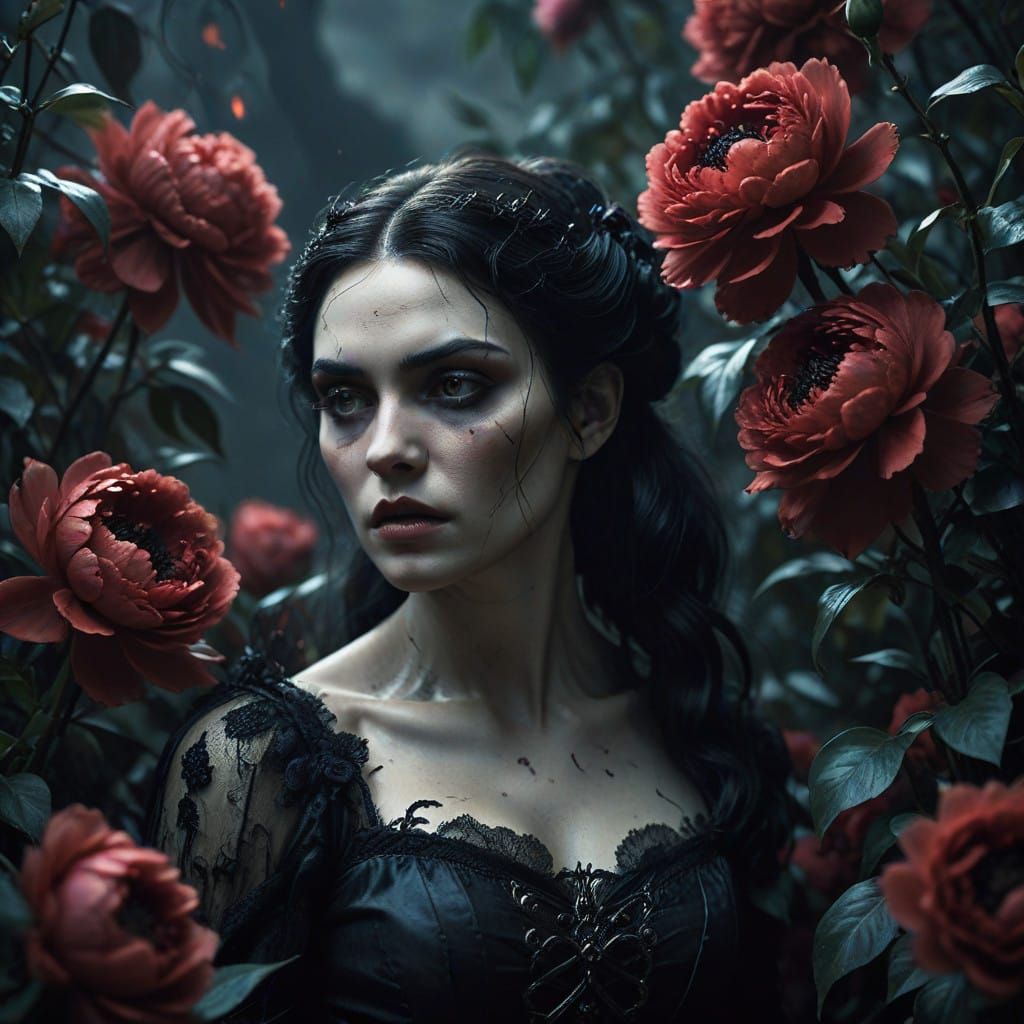Gothic Vampire Maiden in Peony Field