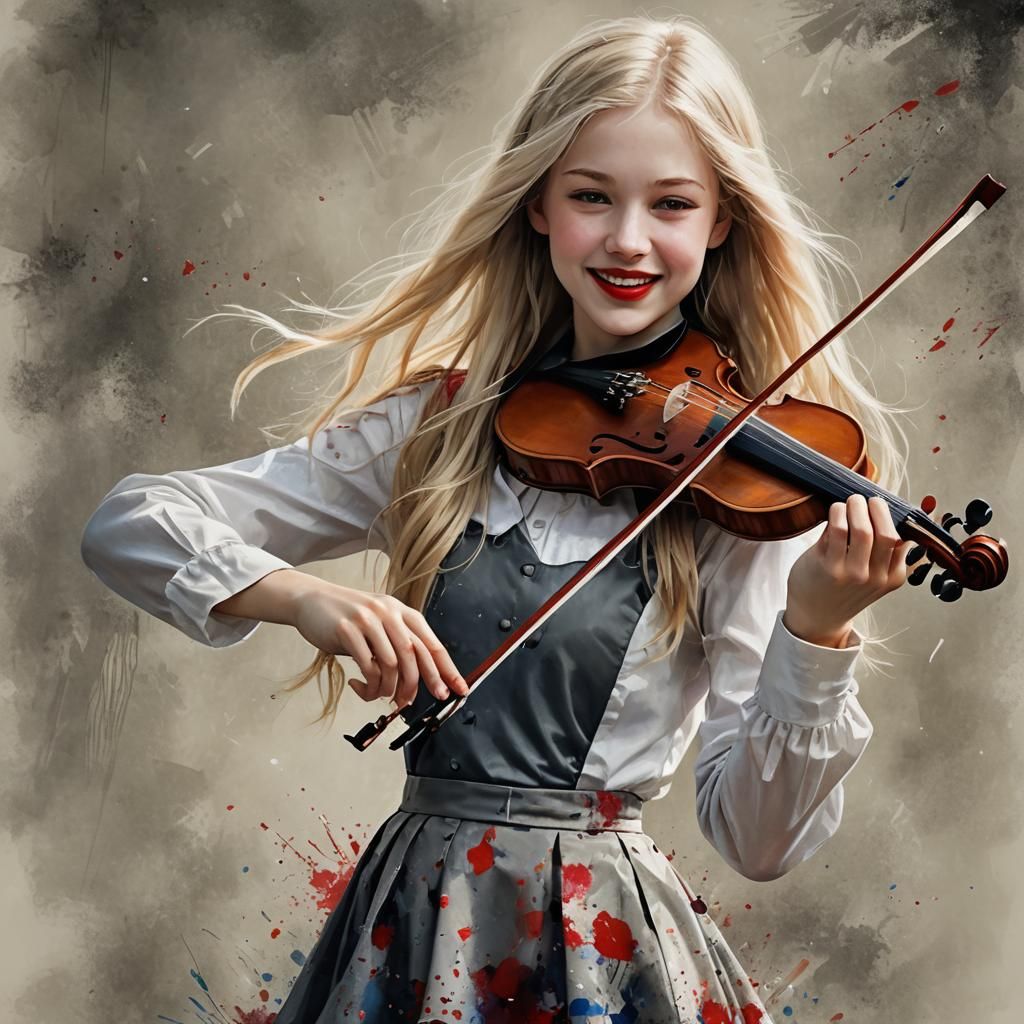 Happy Blonde Girl Playing Violin, Fantasy Art
