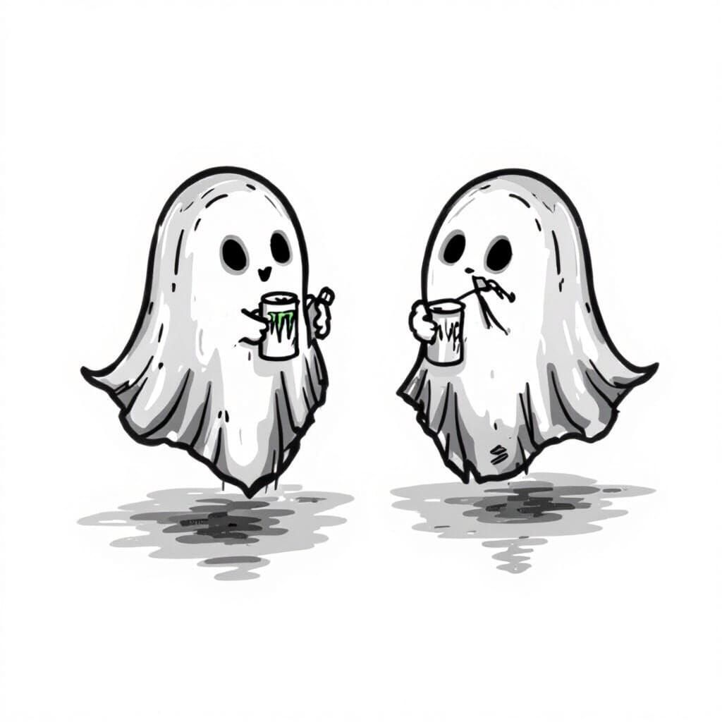 Ghosts with Energy Drink and Vape in Line Art Style