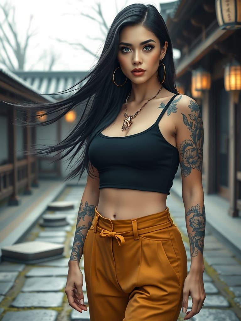Woman in Japanese Courtyard: Photorealistic Style