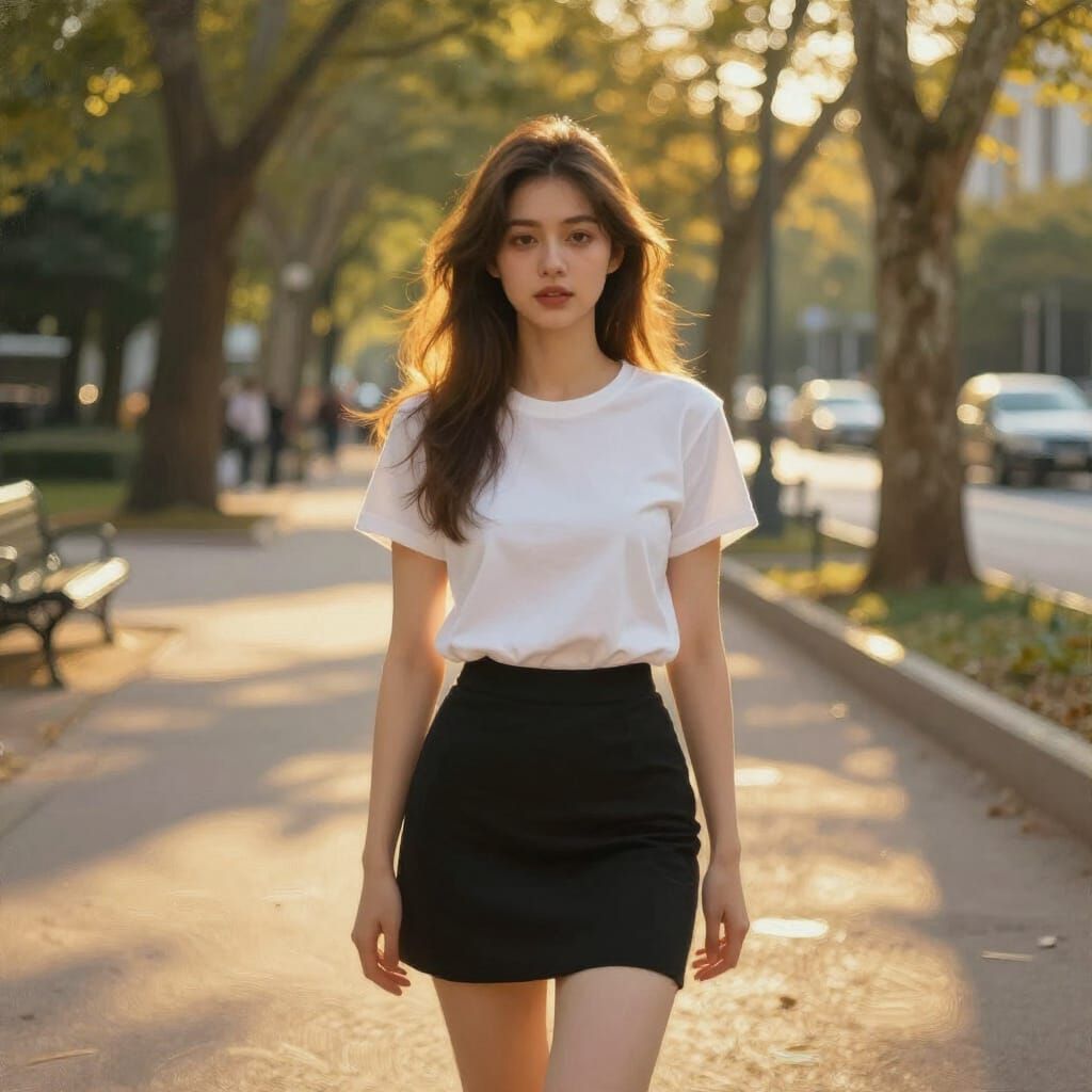 Young Woman in Park at Golden Hour Impressionist Oil Paintin...