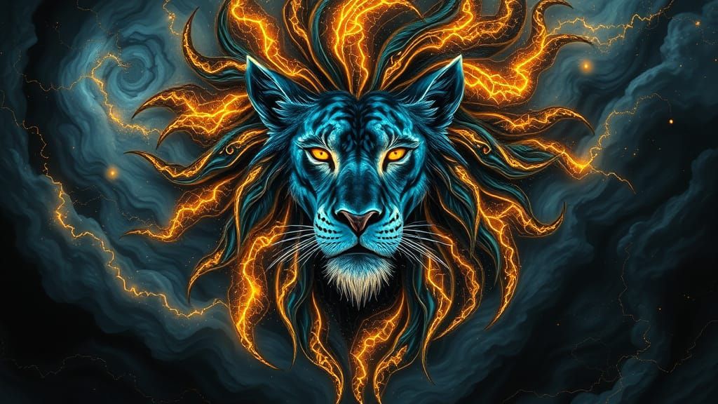 Celestial Lion Giant in Bioluminescent Alcohol Ink Art