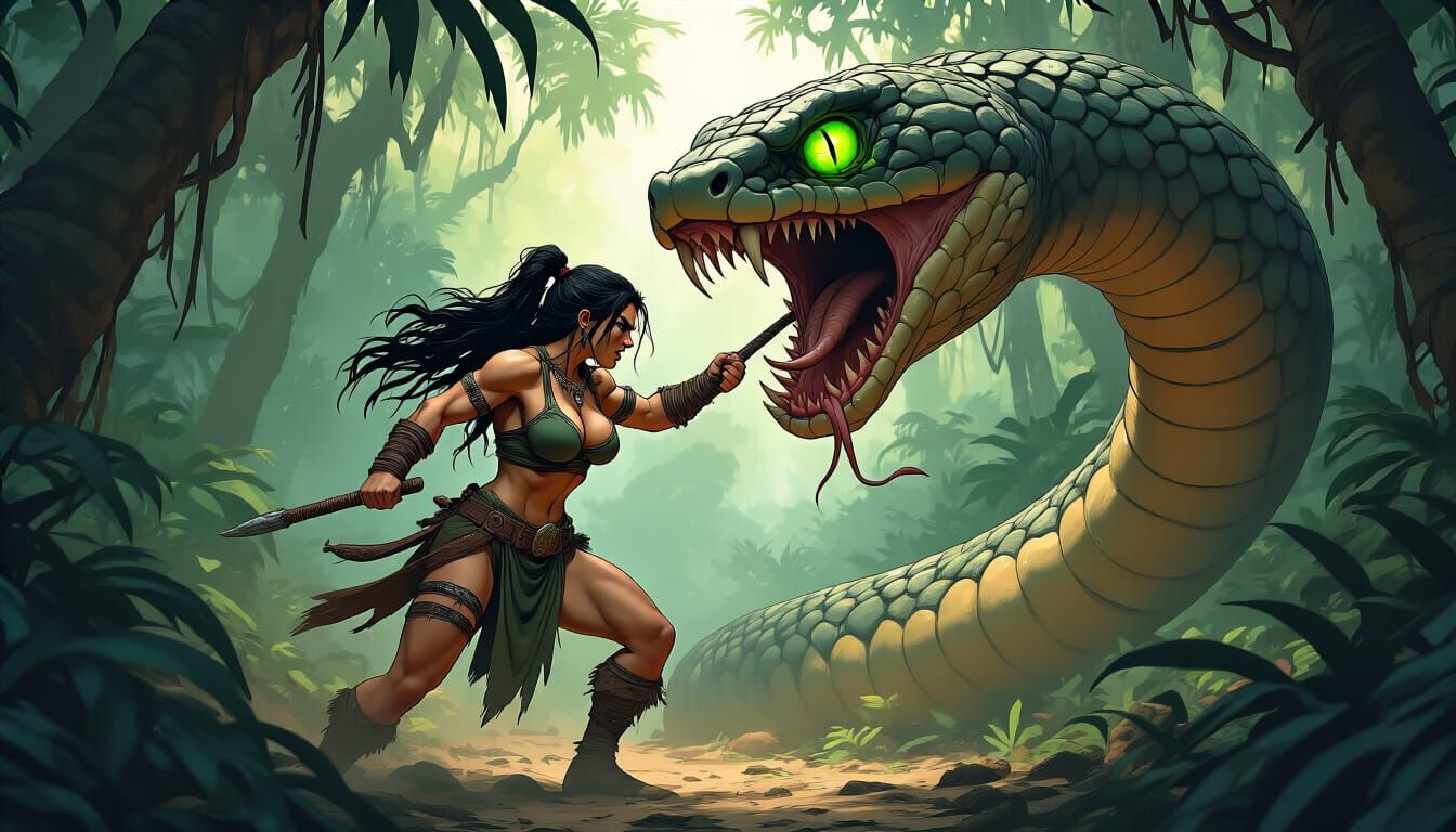 Barbarian Warrior Battles Giant Serpent in Vibrant Jungle Ar...