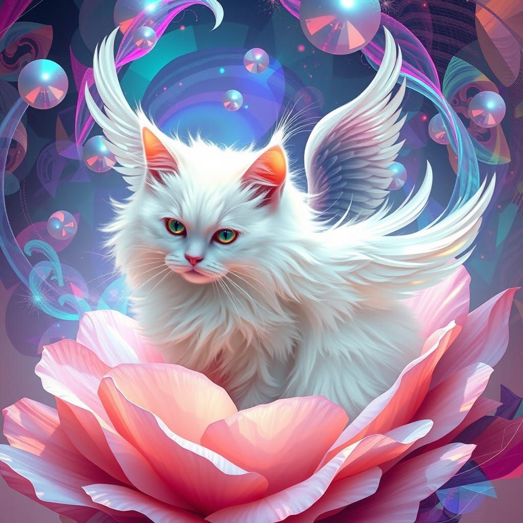 Ethereal White Cat Unfolds Angelic Wings Amidst Prairie Smok...