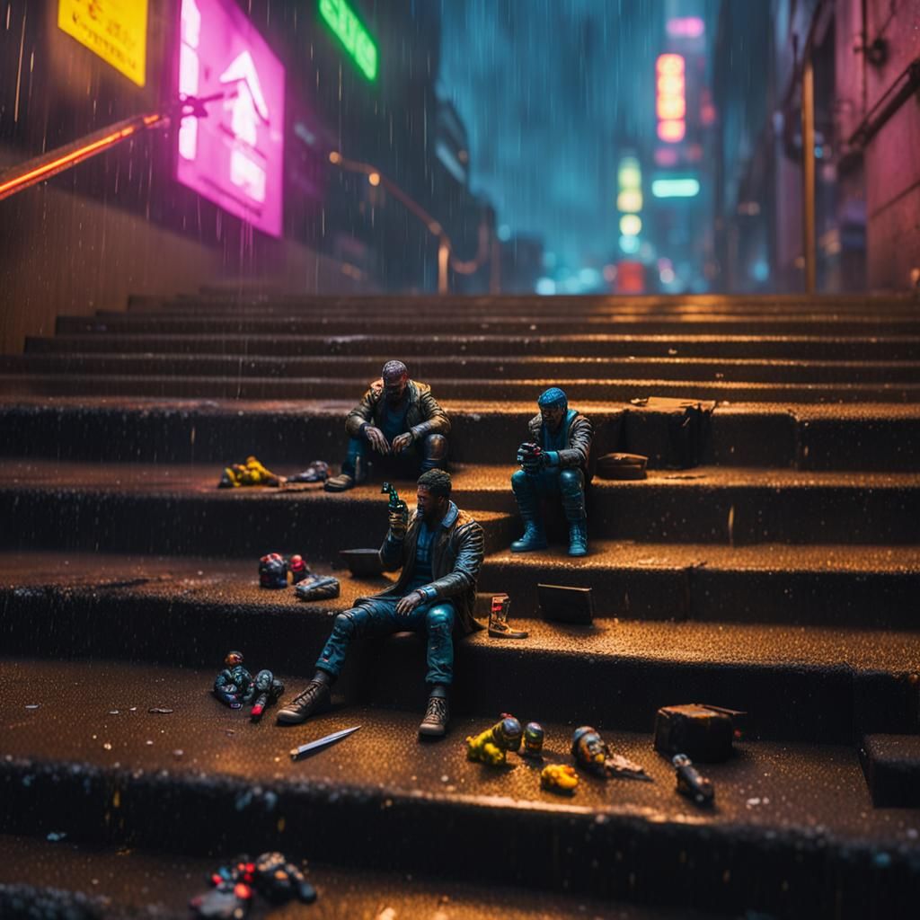 Cyberpunk Action Figures Discarded in the Rain