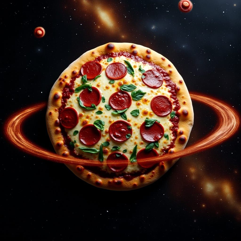 Surreal Pizza Planet in Cosmic Red Ring Aesthetic