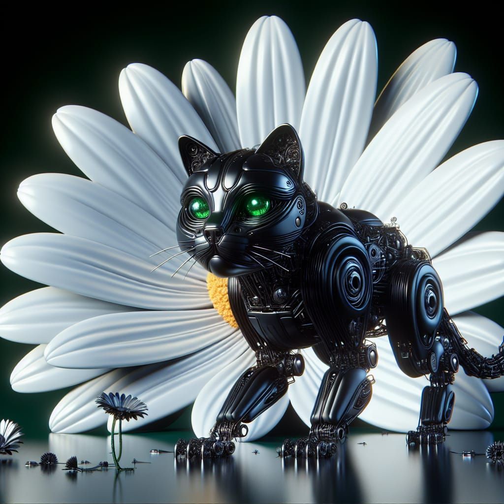 Robotic Black Cat with Metal Daisy, Fantasy Concept Art