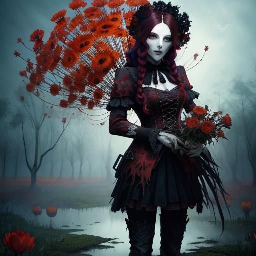 Spectral Figures in Red Flower Field: Gothic Digital Art