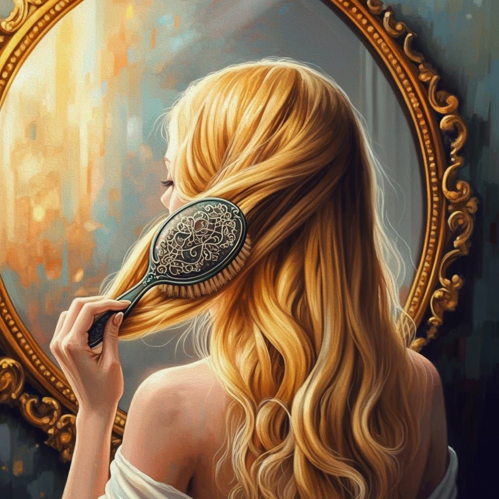 Woman Brushing Hair in Dreamy Gouache and Watercolor