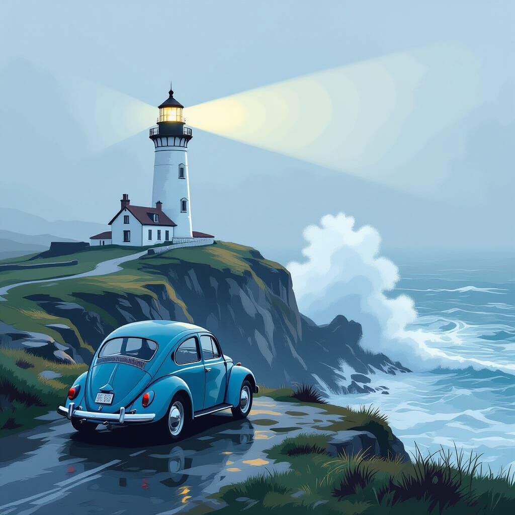 Classic Beetle on Cliff by Lighthouse in Moody Mist