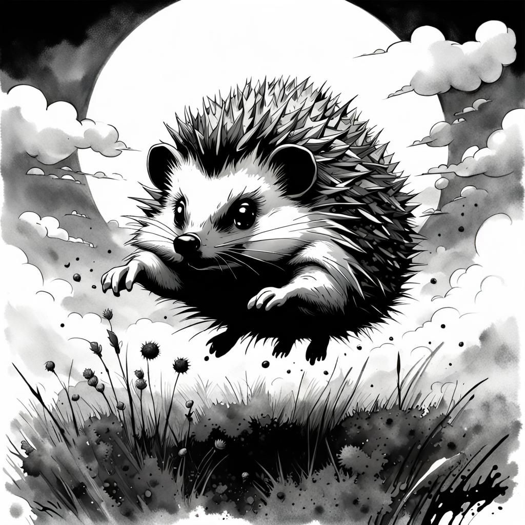 Bouncing Hedgehog in Black Ink Fantasy Art