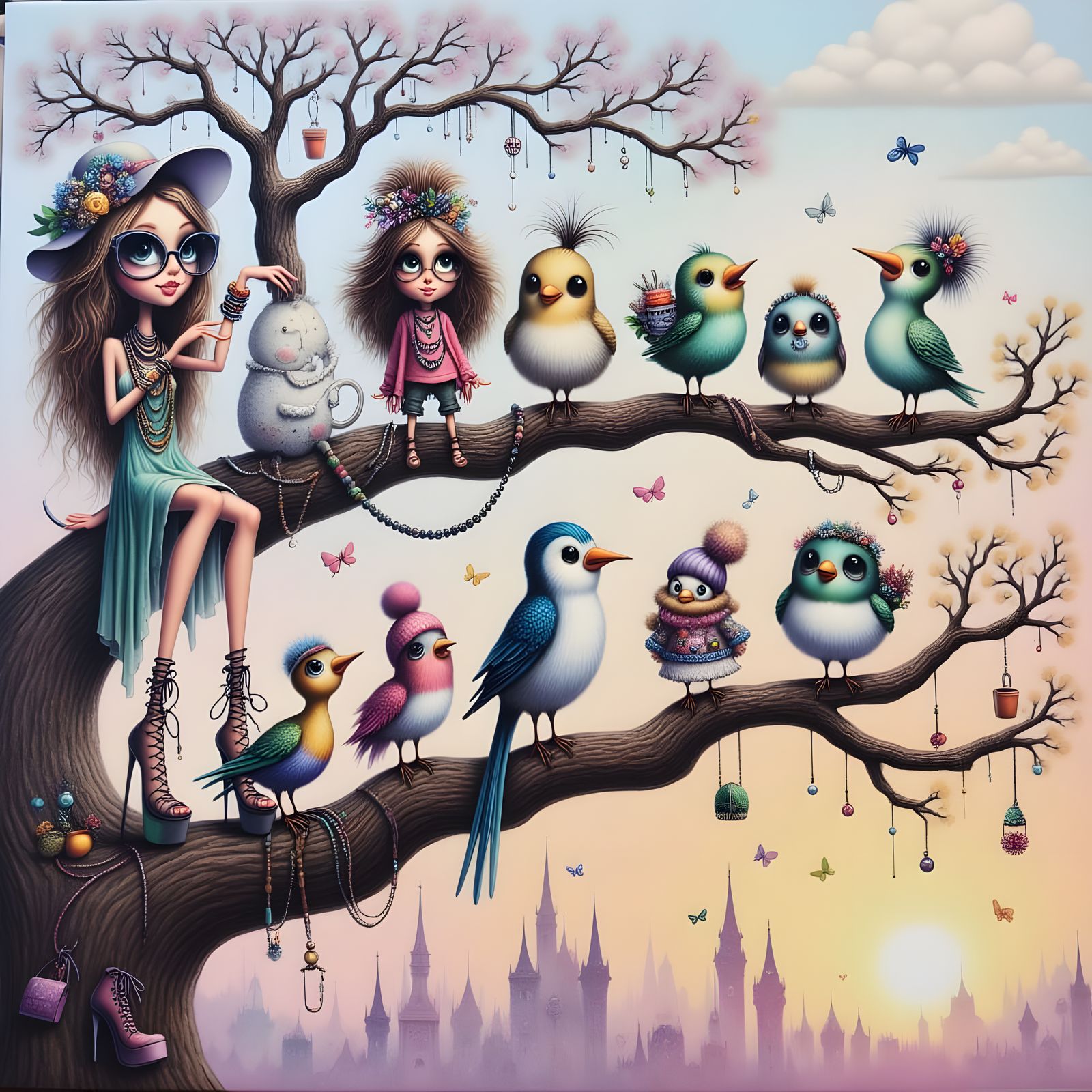 Whimsical Birds on a Branch