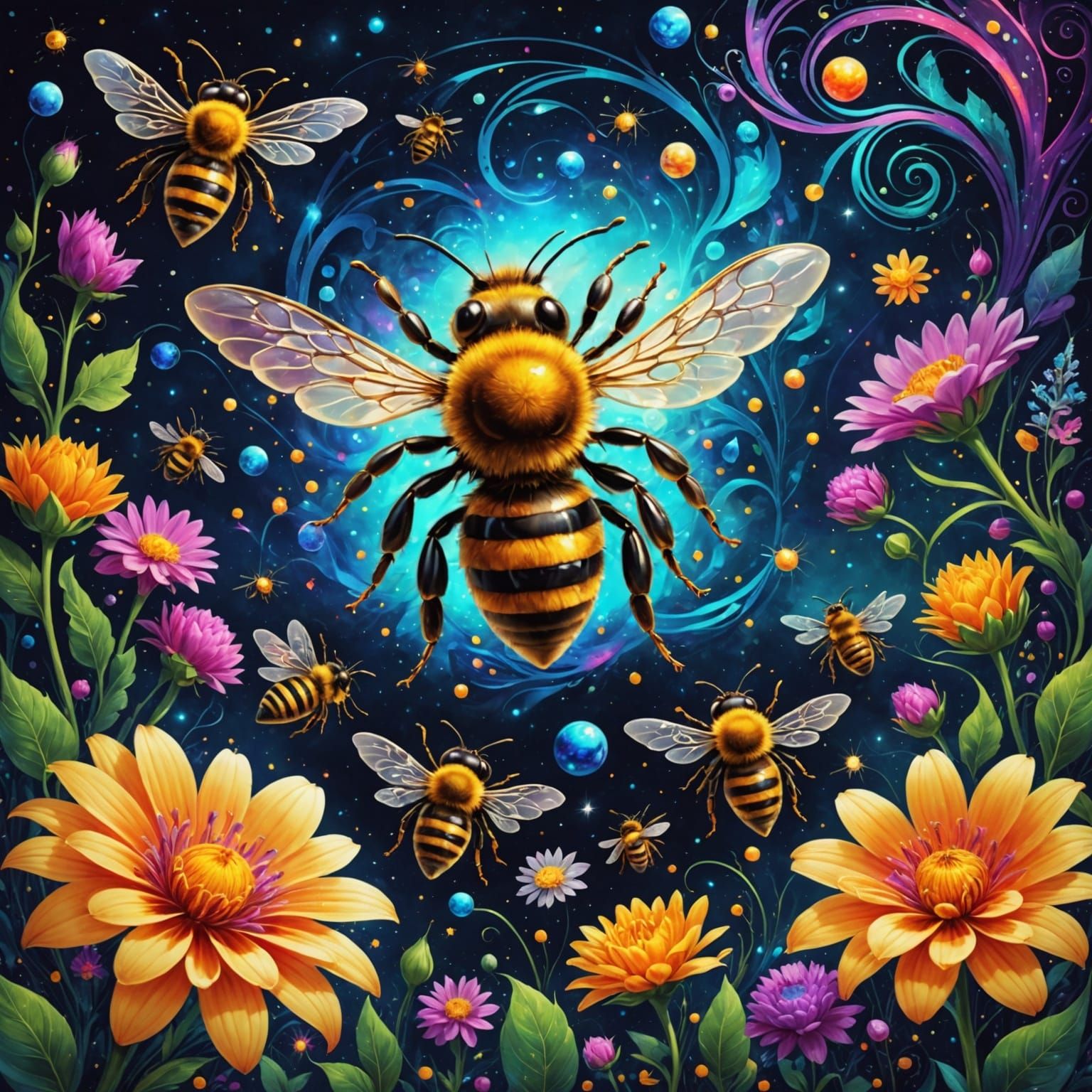 Cosmic Bees in Vibrant Astral Swirls