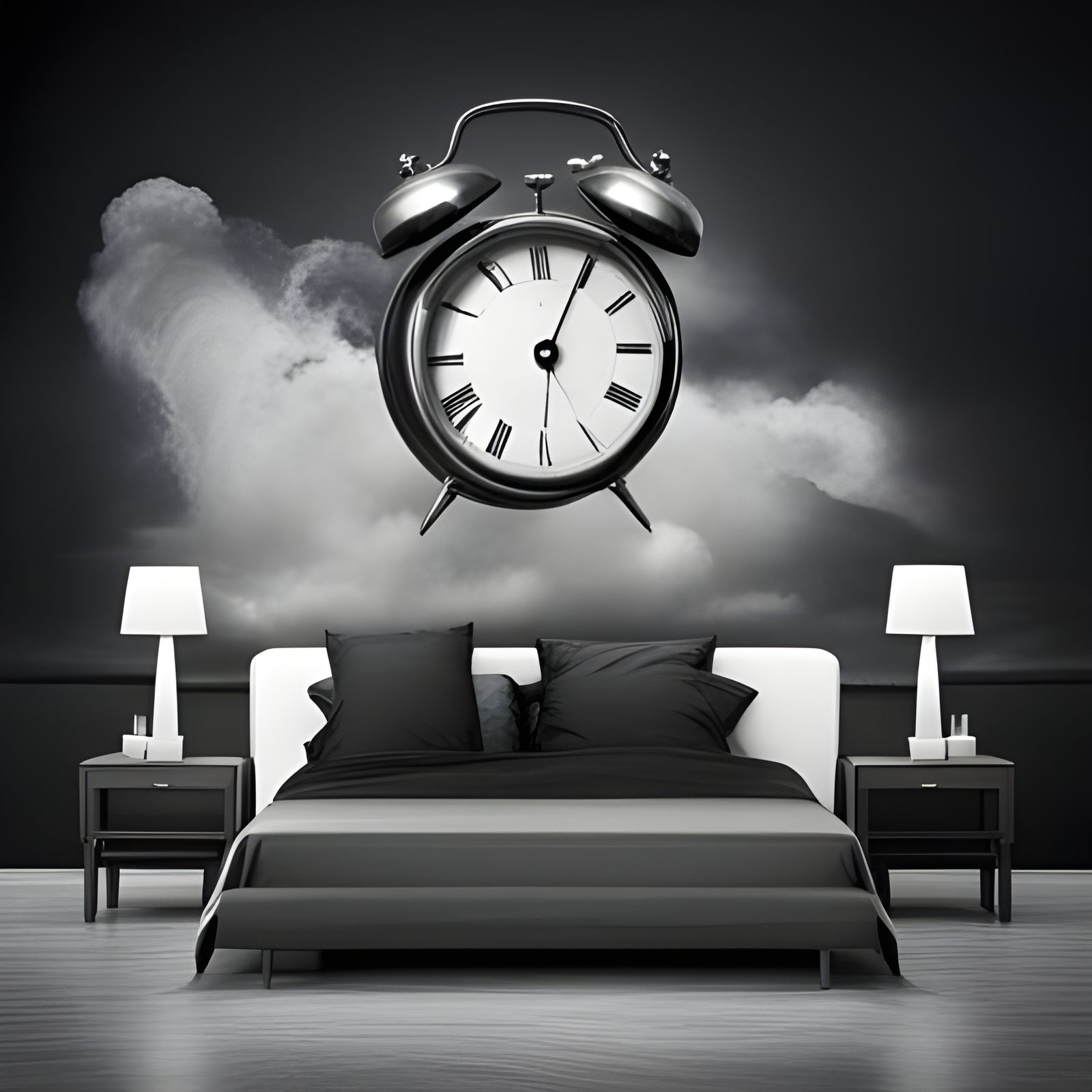 Alarm Clock Floats Over Sleeping Man: Photorealistic Image