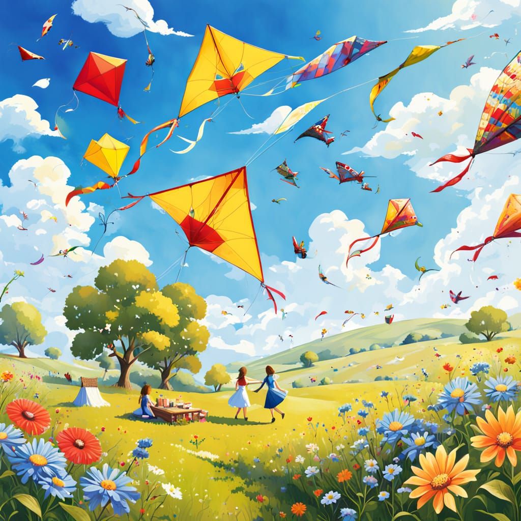 Picnic Meadow with Wildflowers and Kites Under Blue Sky