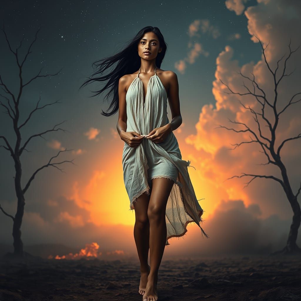 Ethereal Woman in Dreamlike Landscape at Dawn
