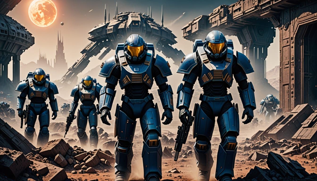 Space-Marines Squad Explores Alien Ruins in Full Armor