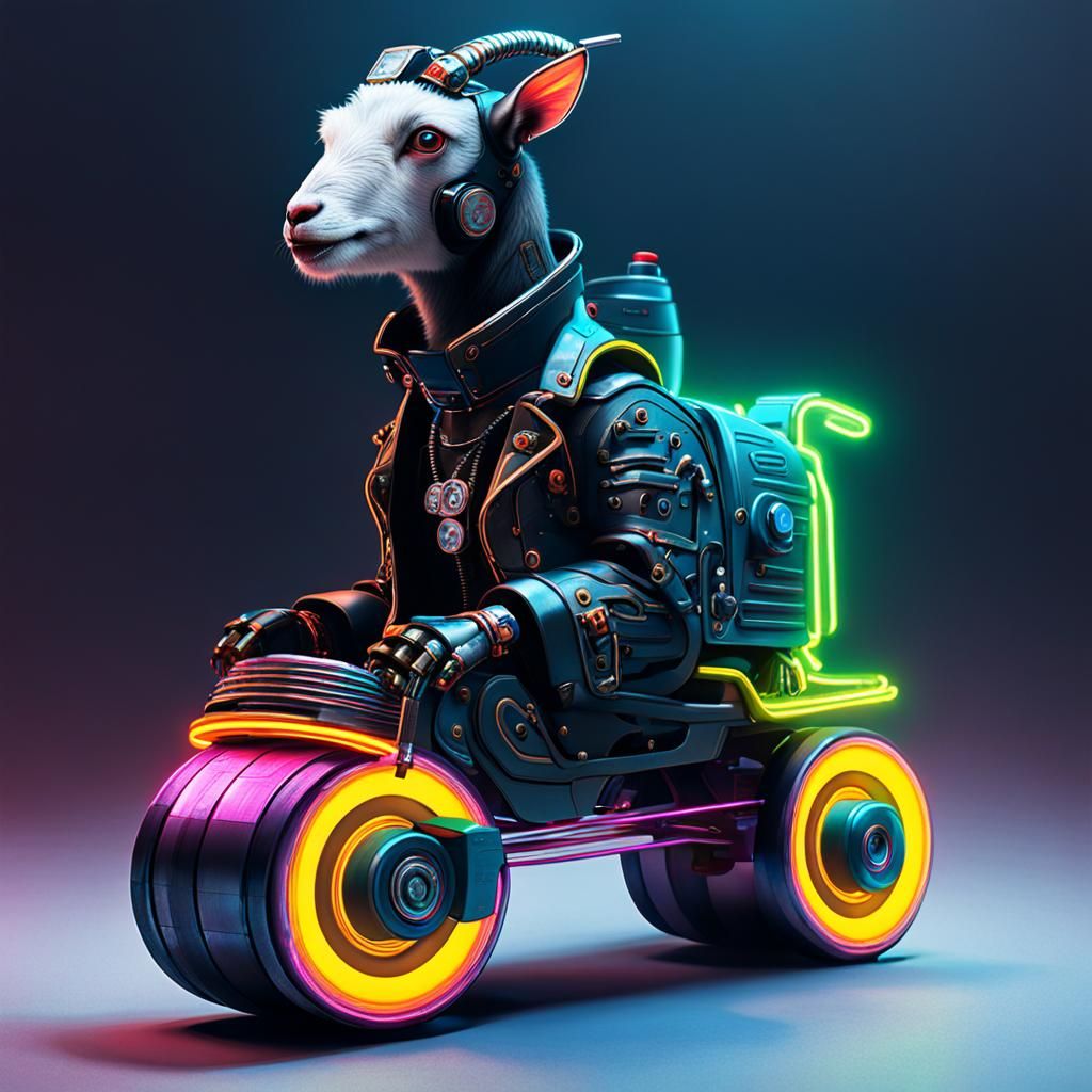 Cyberpunk Goat on Roller Skates in Steampunk Style