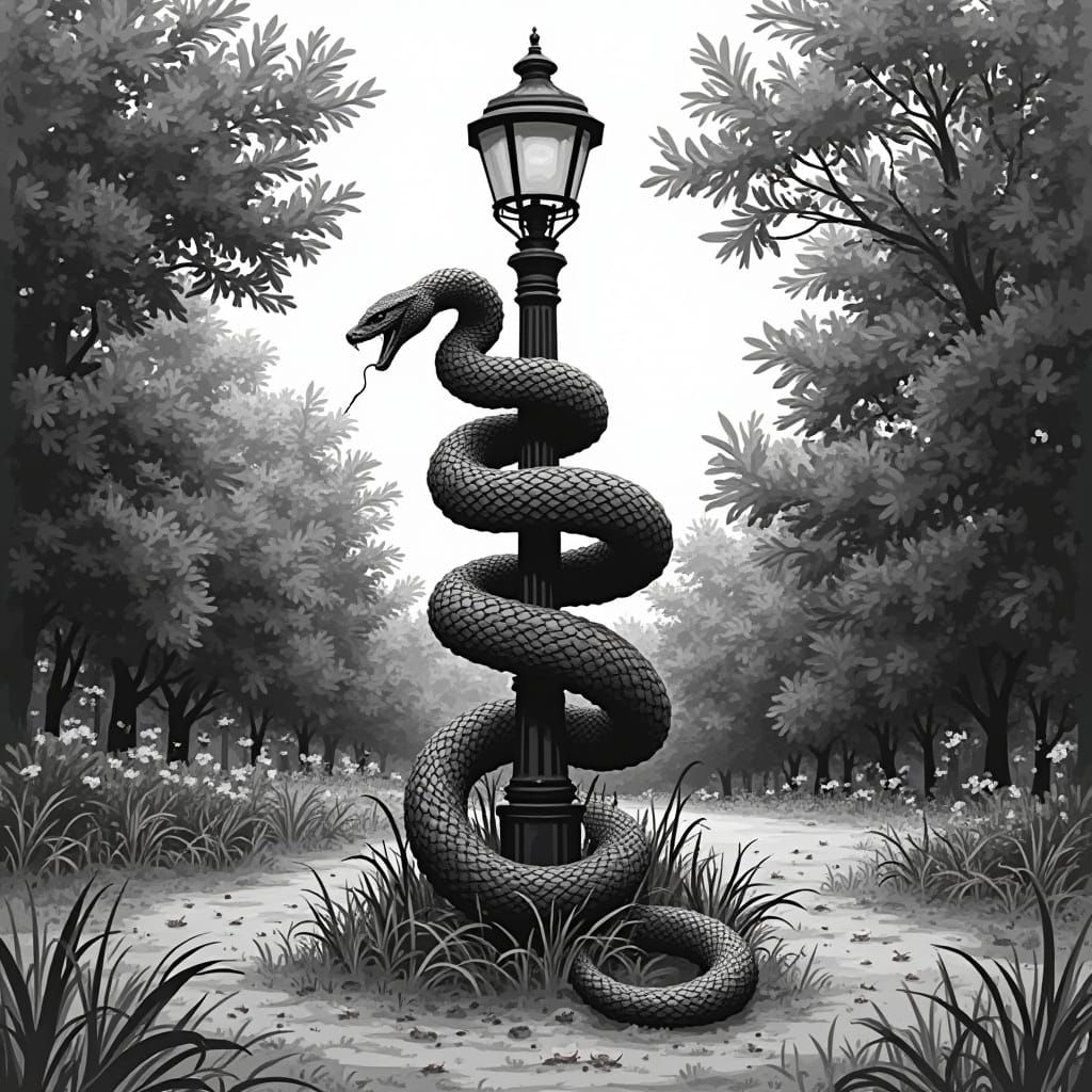 Monochrome Snake Coiled Around Lamppost in Park
