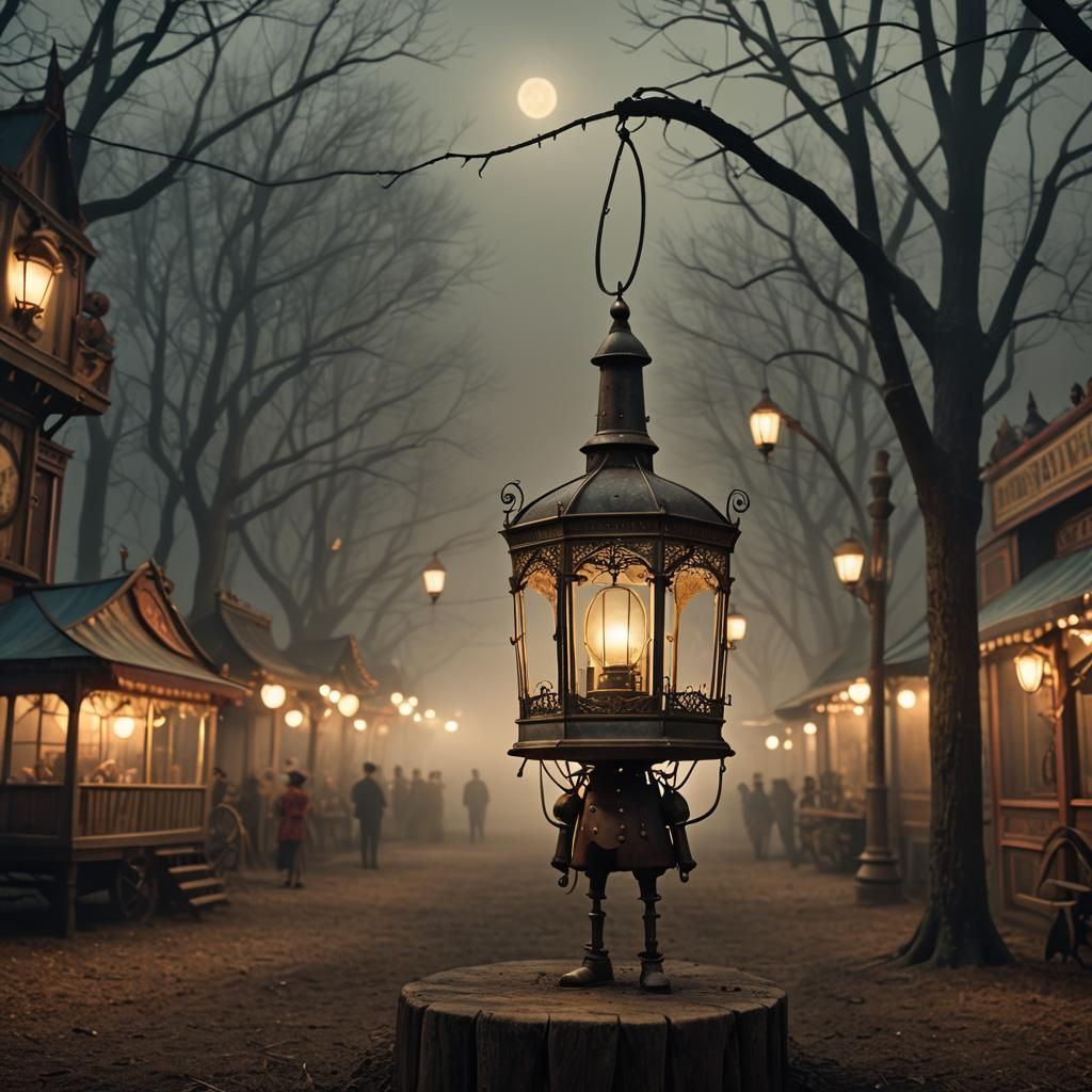 Lantern in the shape of Disney's Pinocchio with a long nose made of rusty metal in a bird cage, vintage circus carnival,...