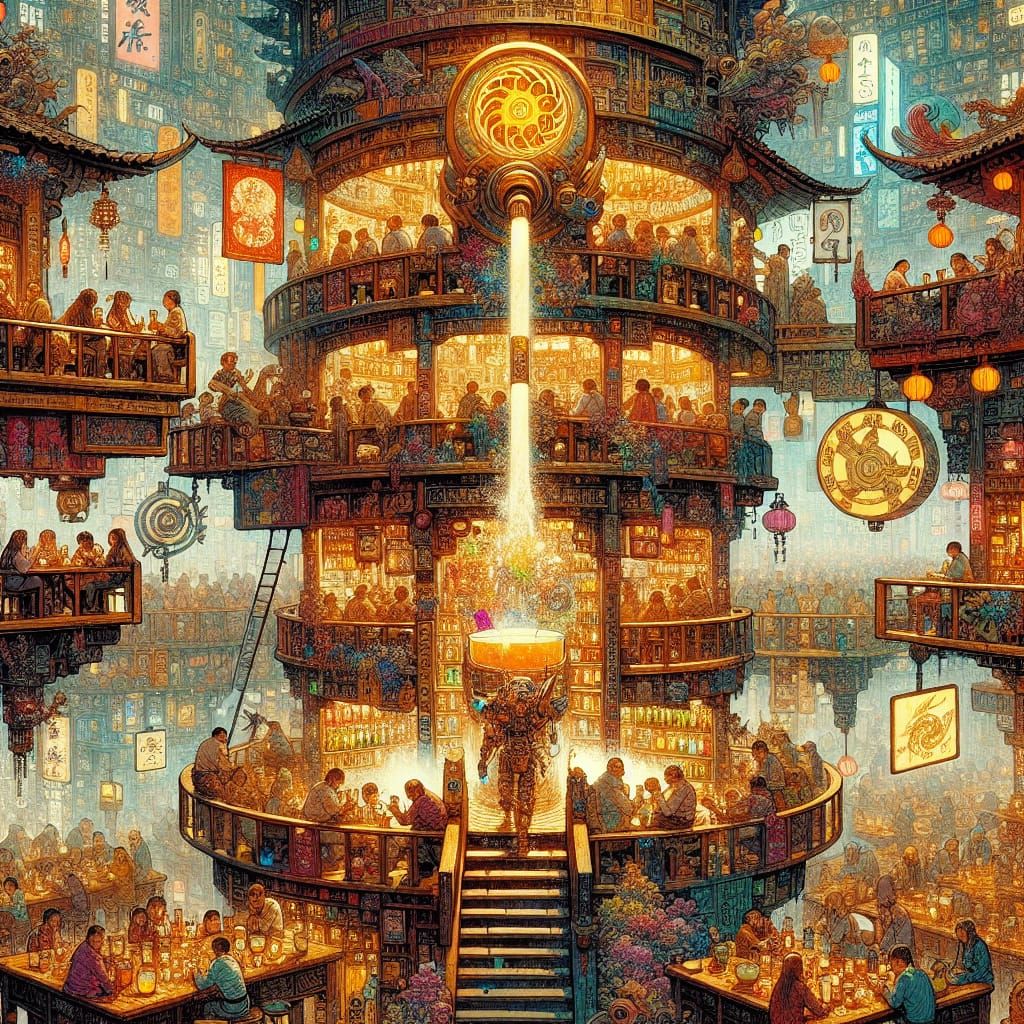 Fantasy Tavern with Magical Dispenser in Watercolor Style