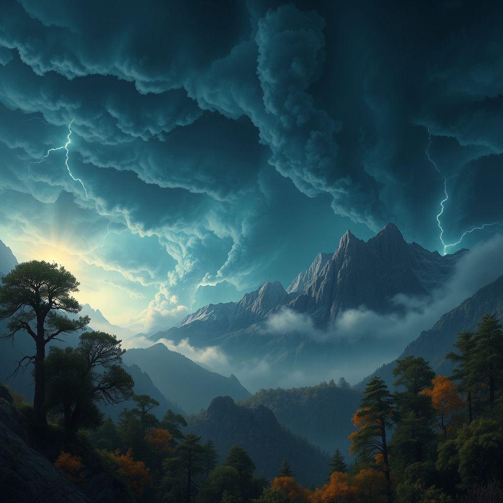 Turbulent Storm Over Misty Mountains in Fantasy Style