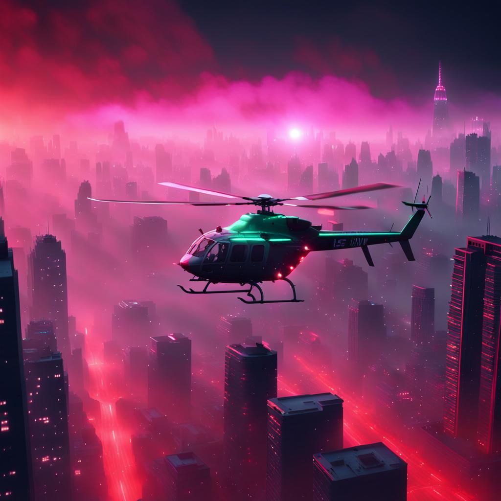 Sci-Fi Helicopter Descends on Neon Cityscape