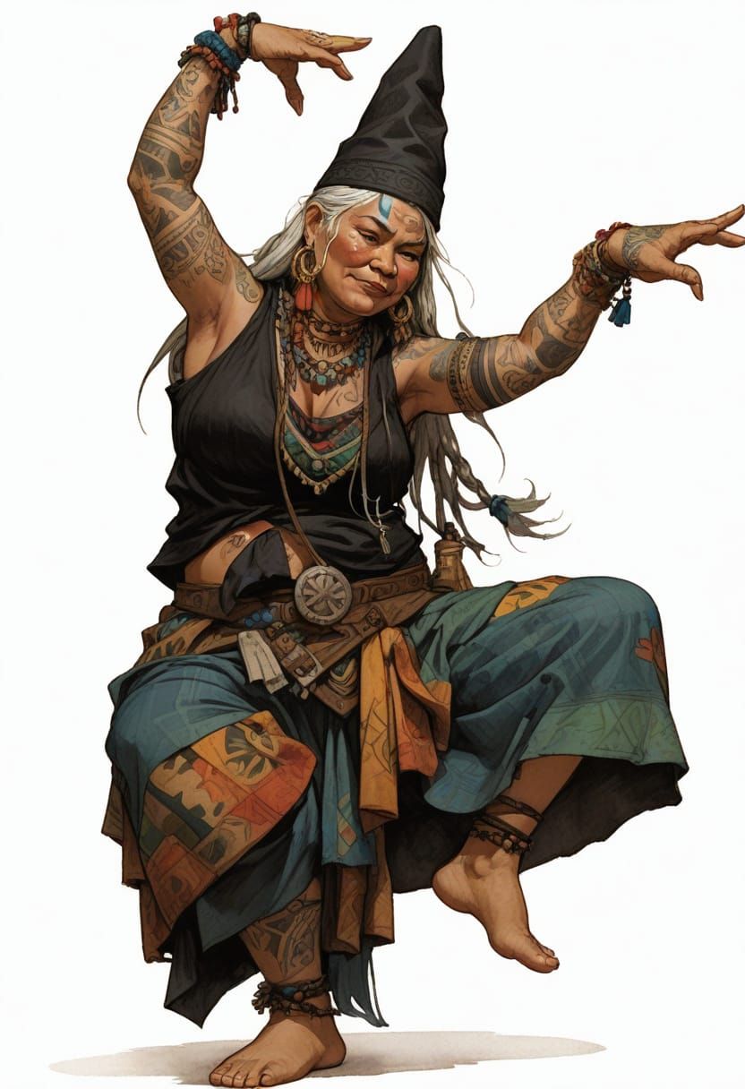 Polynesian Dancer in Patchwork, Heroic Fantasy Illustration