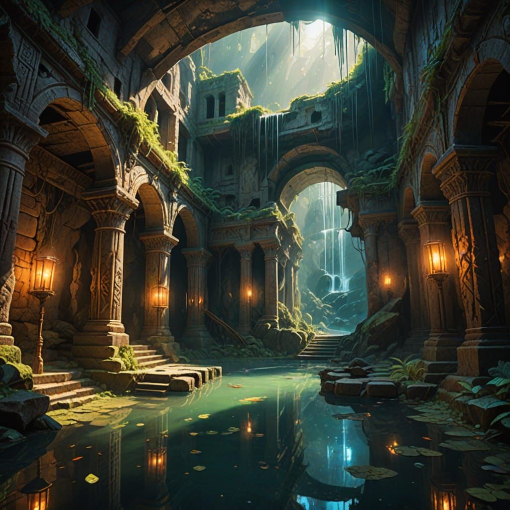 Mystical Underground Cavern Ruins in Oil Painting Style