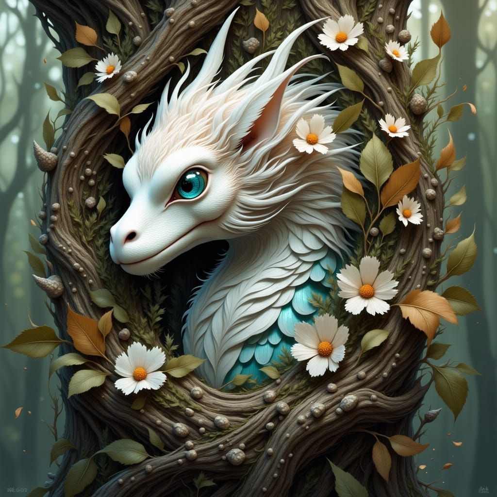 Dragon beautiful realistic feathers surrounded in tree bark ...
