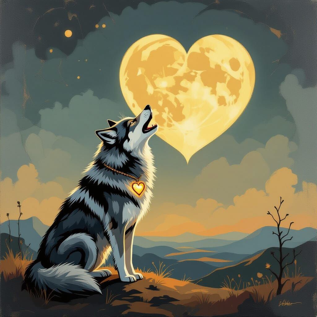 Direwolf Howling at Heart Moon in Surreal Mosaic Style