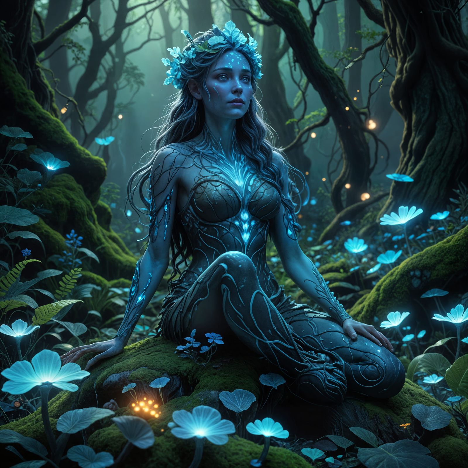 Bioluminescent Dryad in Enchanted Forest, 3D Render