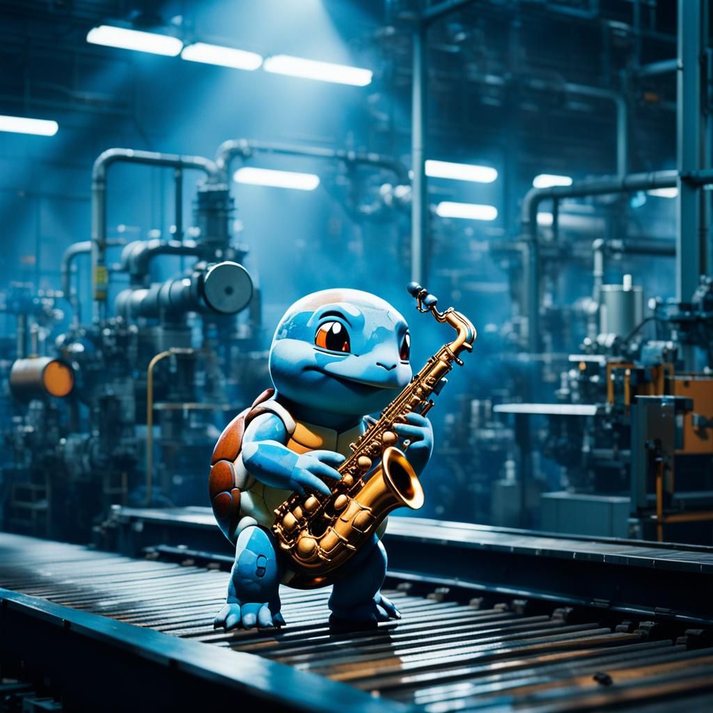 Squirtle Plays Saxophone in Industrial Factory