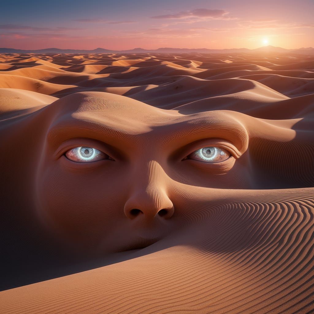 Surreal Desert God with Golden Hues and Shimmering Eyes