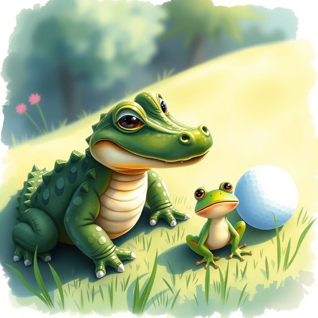 Whimsical Golf Course Encounter: Baby Alligator Meets Frog i...