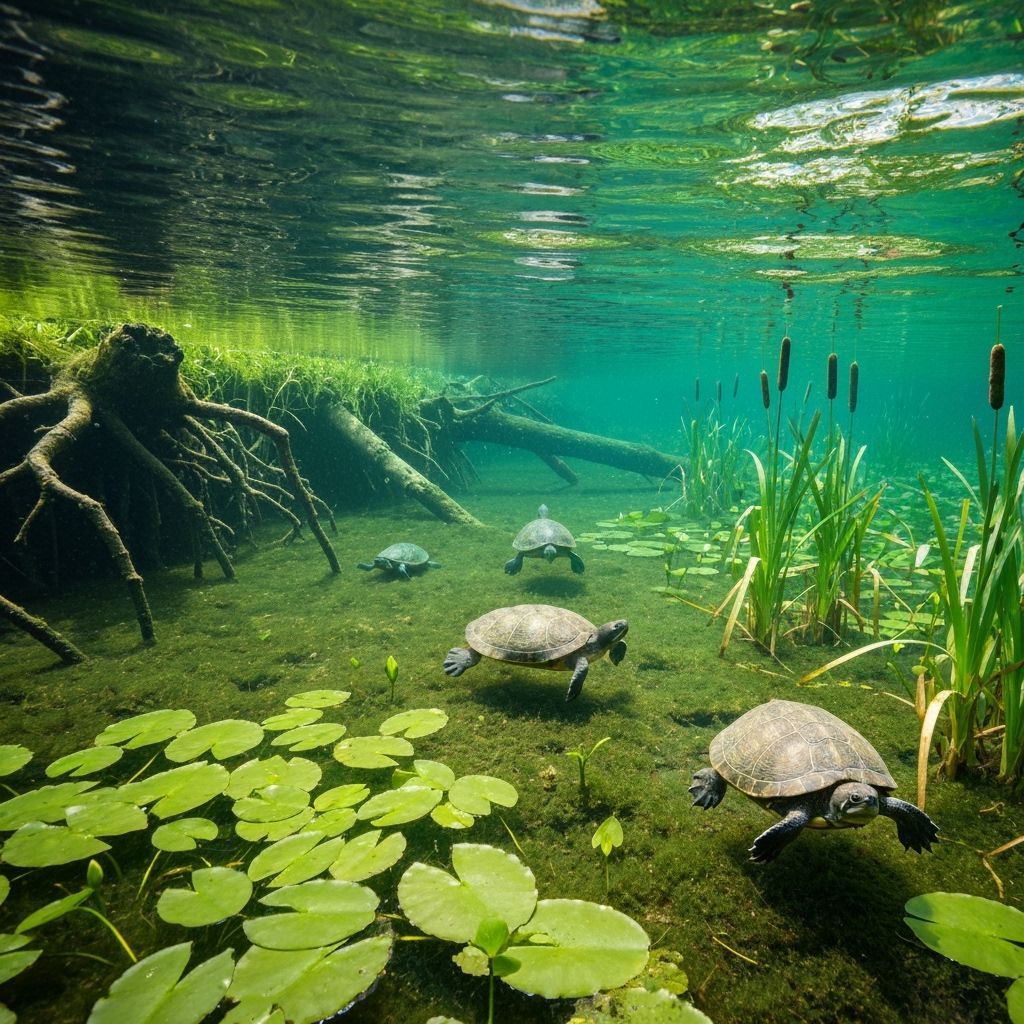 Freshwater Turtles in Underwater Spring River
