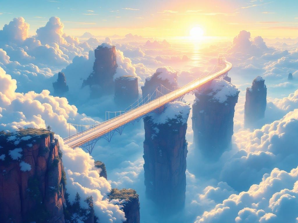 Anime Sky Bridge Connects Floating Islands at Dawn