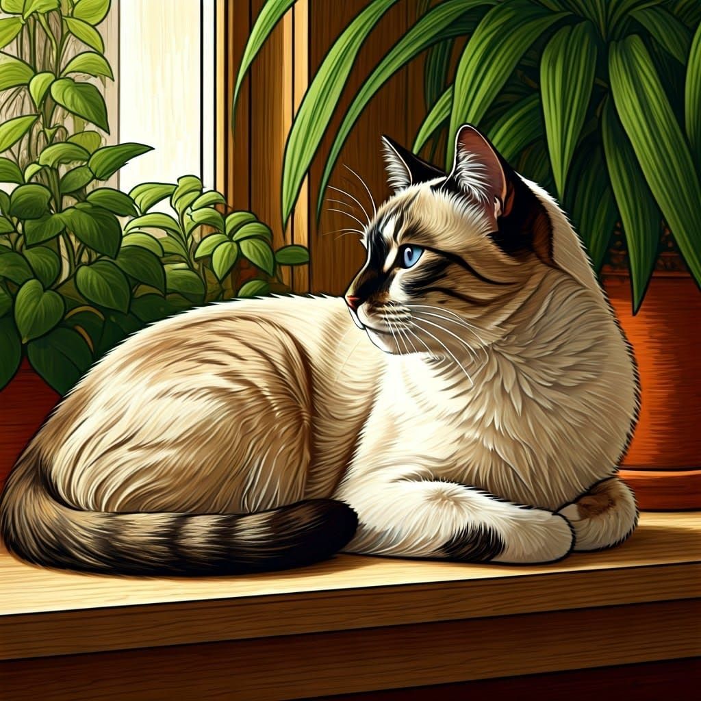 Ink drawing of a Siamese/tabby and white cross cat