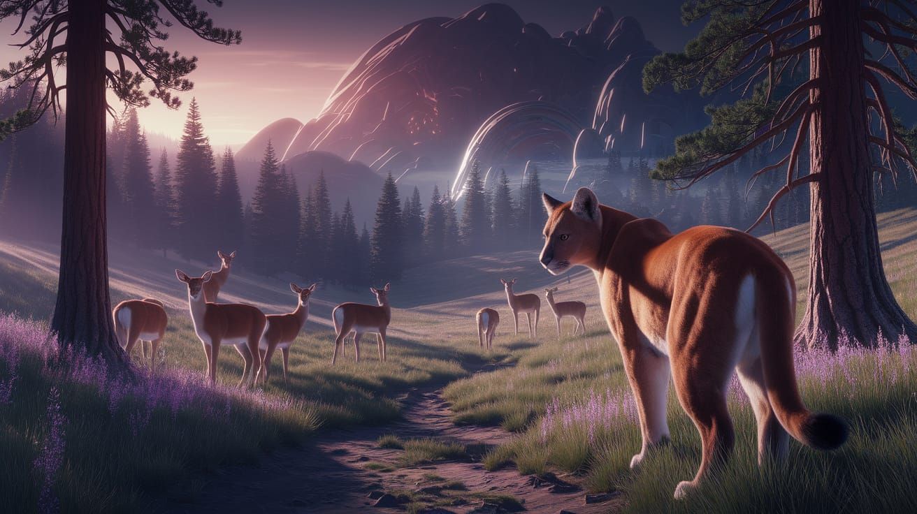 Mountain Lion Watches Deer in Pasture, Digital Painting