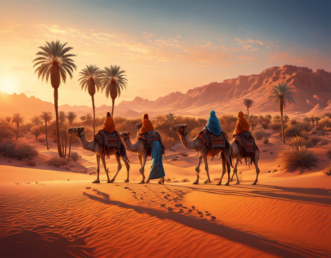 Vibrant Desert Oasis with Bedouin Camp in Warm Sunset Light