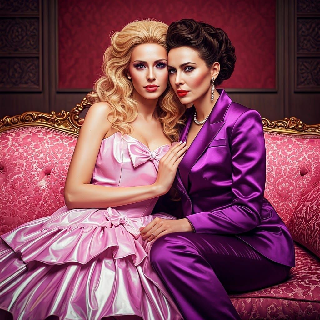Glamorous Women Embrace in Baroque Setting as Concept Art