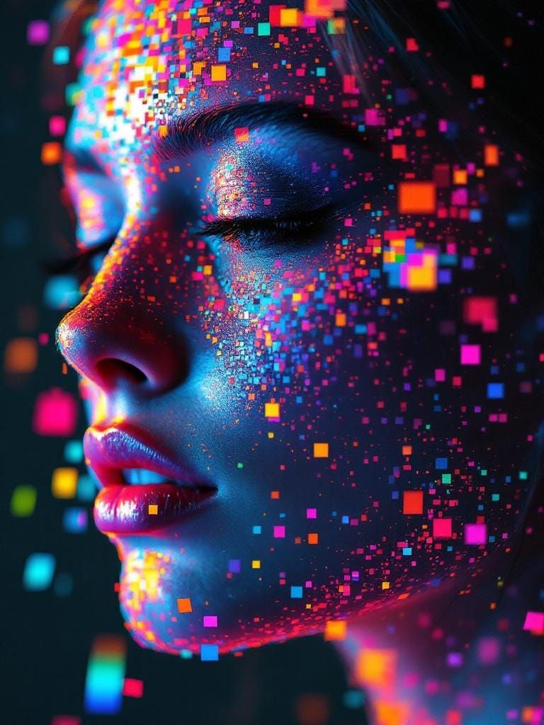 Glitch Art Portrait of Woman with Pixelated Fragments