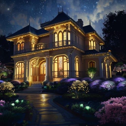 Art Nouveau Villa Garden at Night