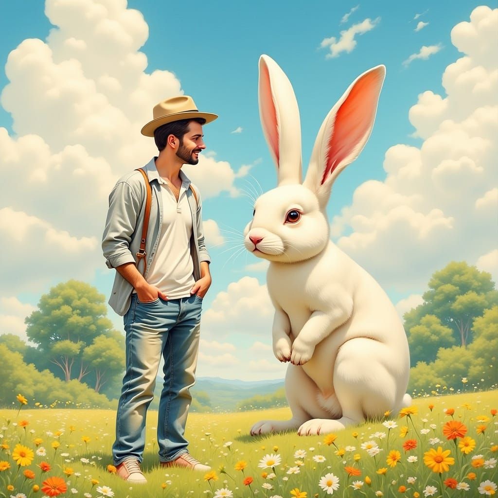 Giant Man and Rabbit in Miyazaki-esque Meadow