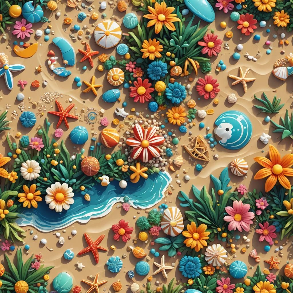 Floral Beach Icon in 3D Pixel Art Style