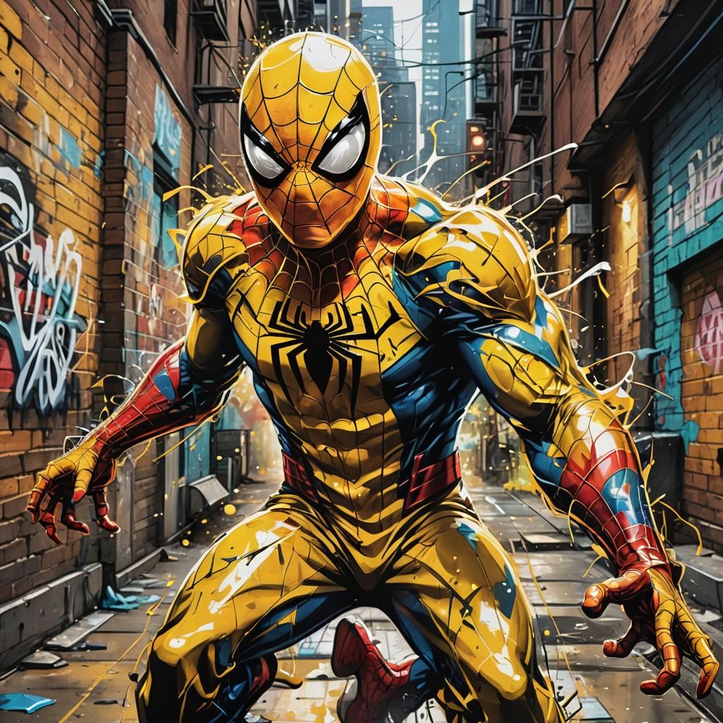Spiderman in Yellow Suit: Urban Graffiti Art